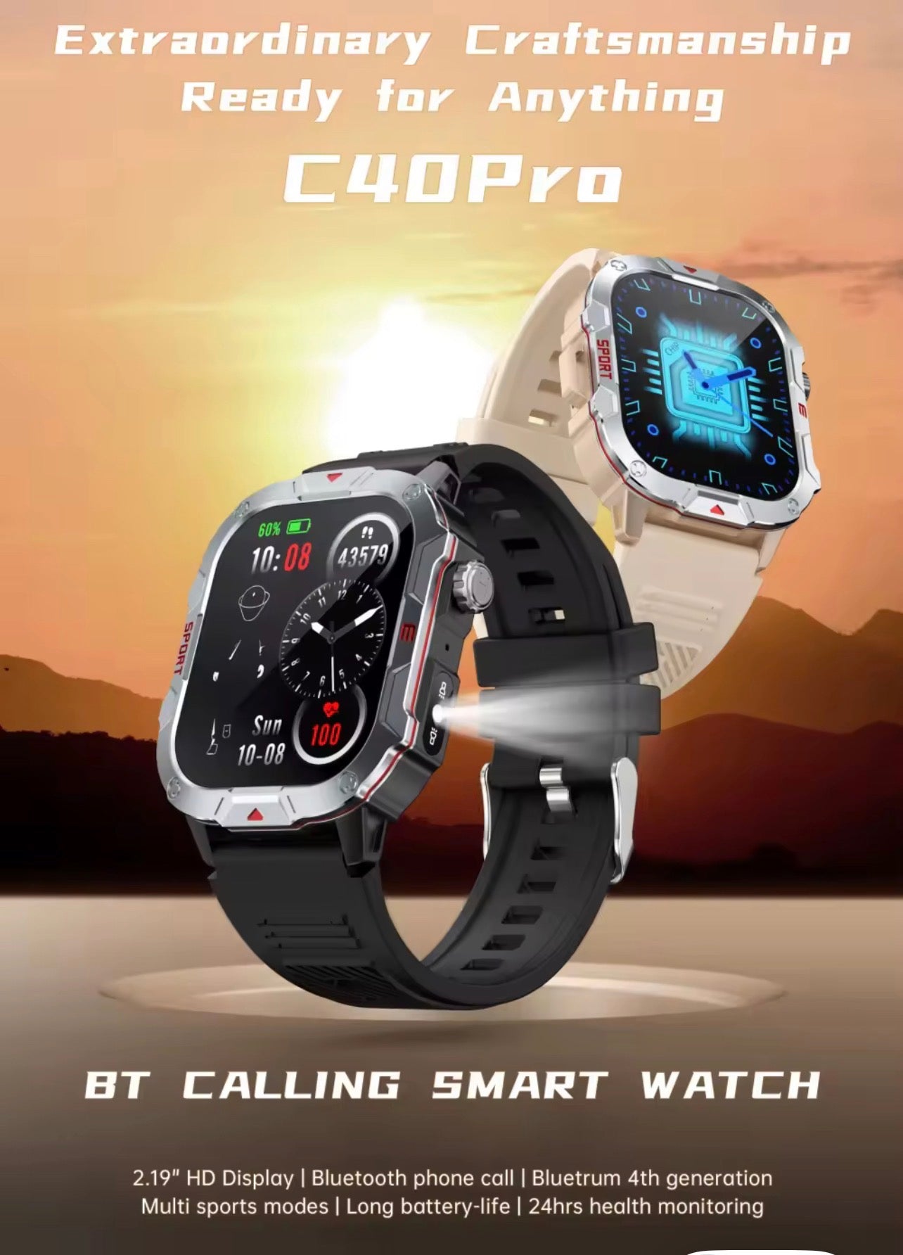 C40 Outdoor Smartwatch PRO Waterproof With Flashlight for Men Women