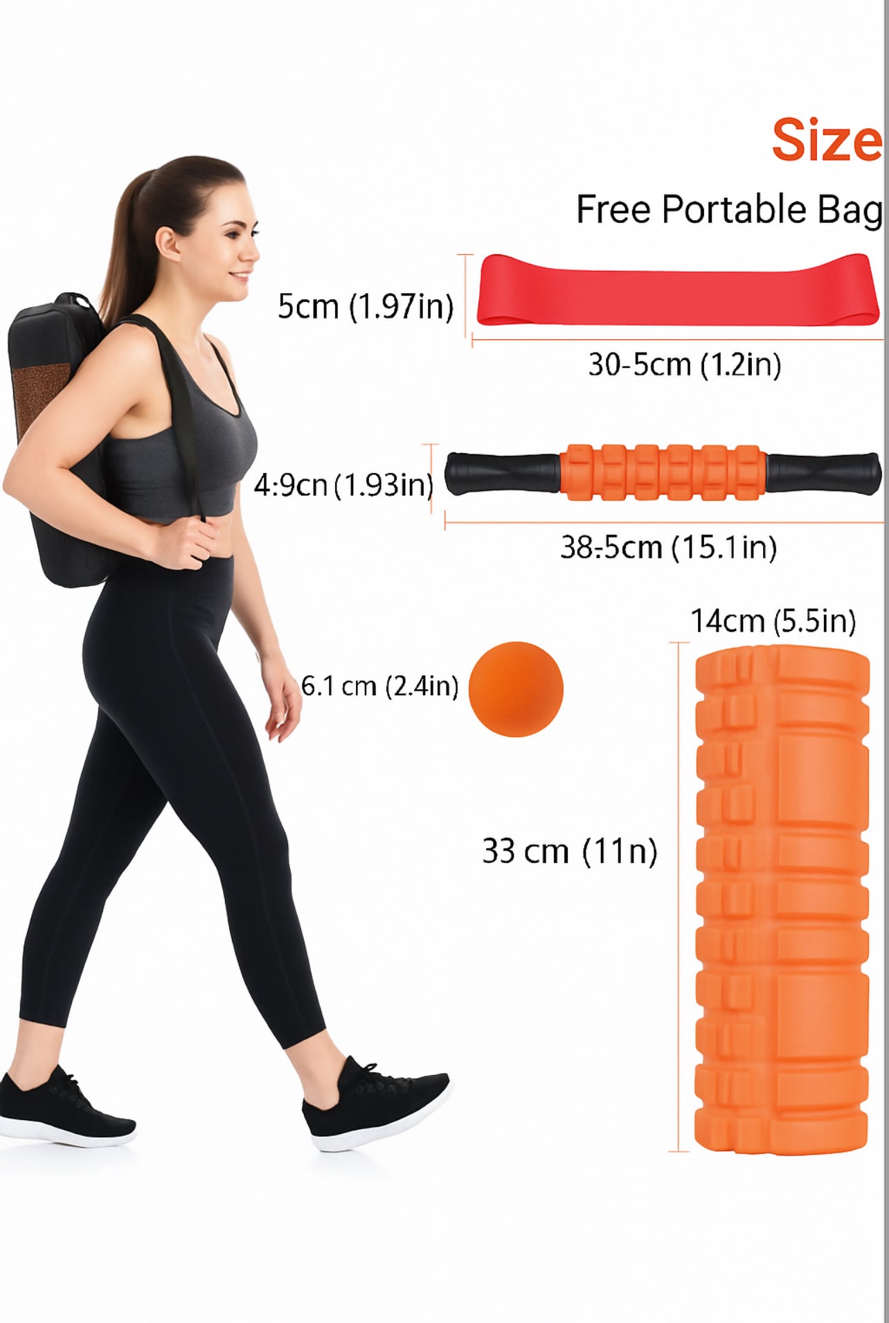 5 in 1 Set: Foam Roller, Yoga Stick, Massage Ball, Stretching Strap, CarryingBag
