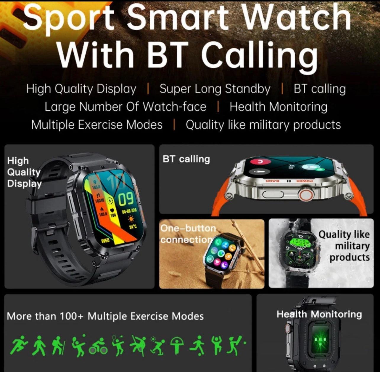 K57 Pro Military Smart Watch 1.96” HD Display, Bluetooth Call & Fitness Tracker