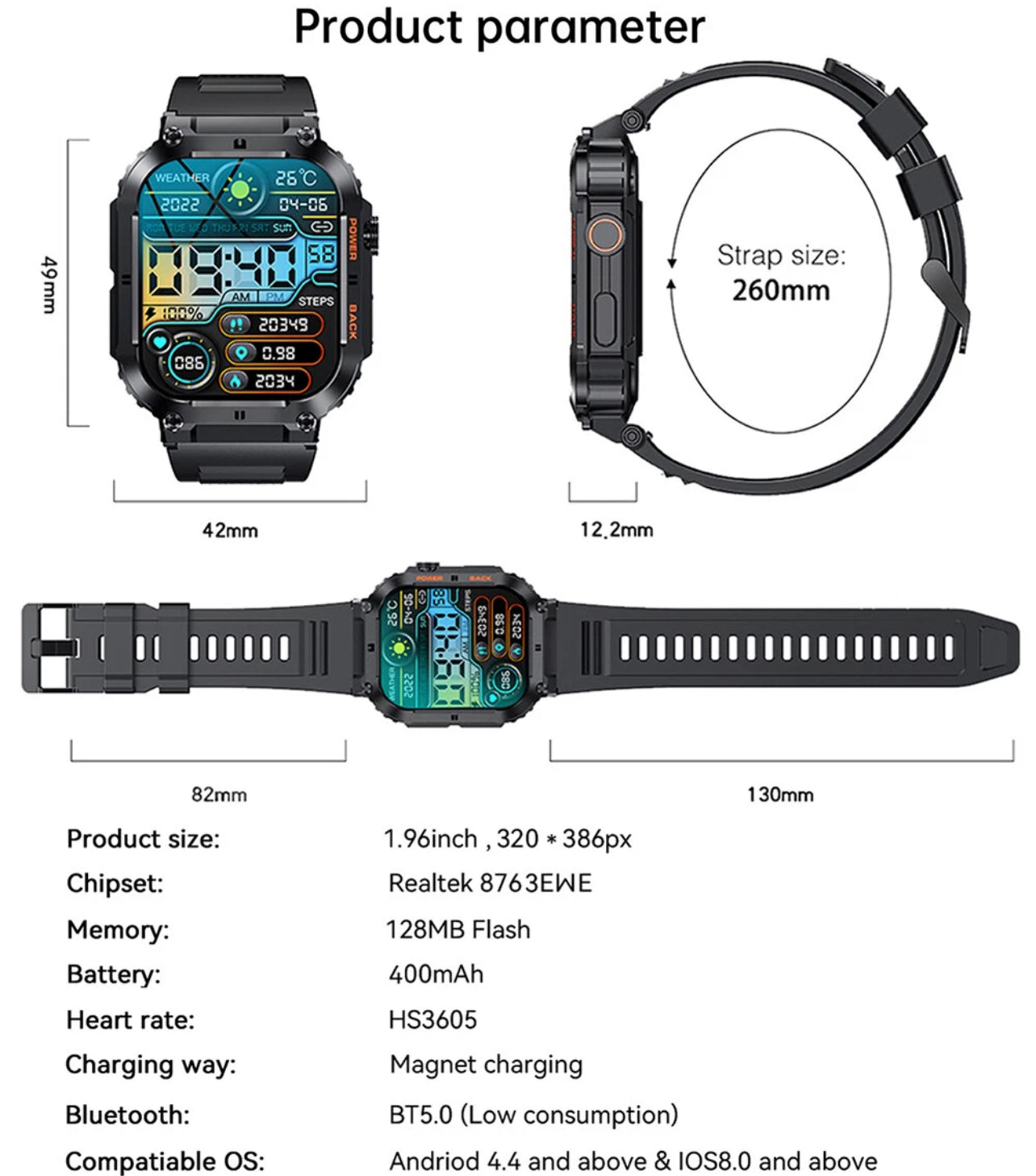 K57 Pro Military Smart Watch 1.96” HD Display, Bluetooth Call & Fitness Tracker